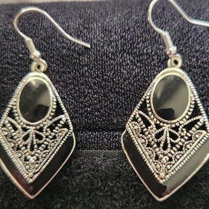 Black enamel and silver drop earrings